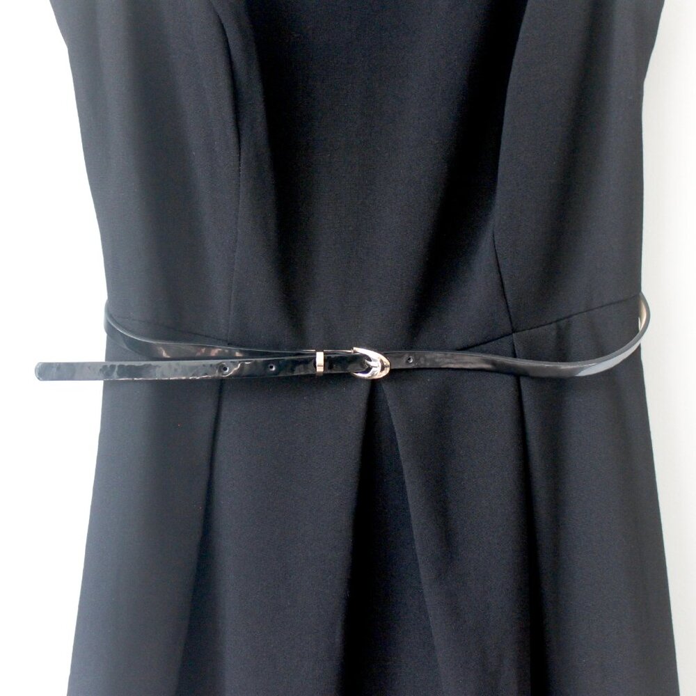 AB Studio Black and Tan Stripe Classy Sleeveless Knee-Length A-Line Belt Dress 2 - Picture 2 of 7